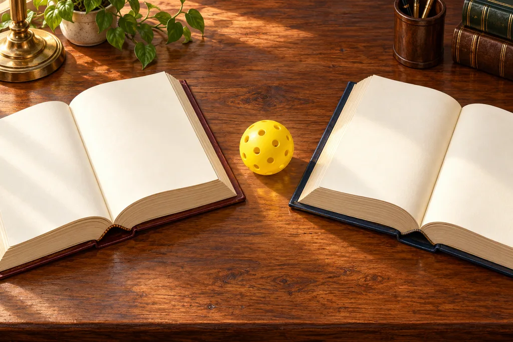 Deux livres de loi ouverts côte à côte sur un bureau, avec une balle de pickleball posée entre eux.