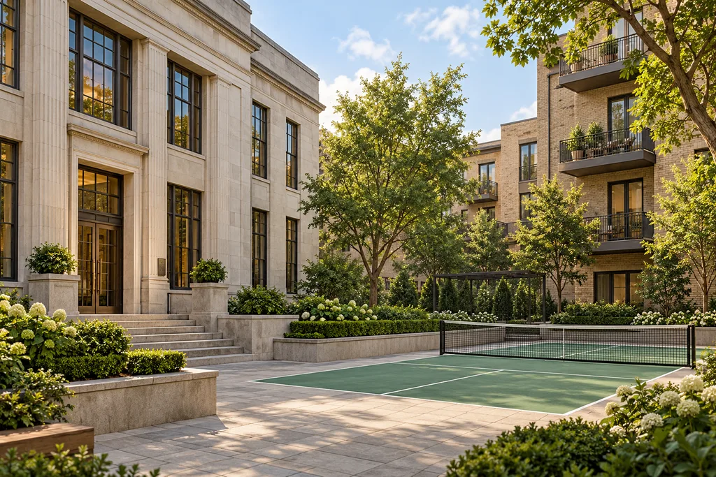 Façade d'un bâtiment institutionnel à côté d'un terrain de pickleball en résidence.