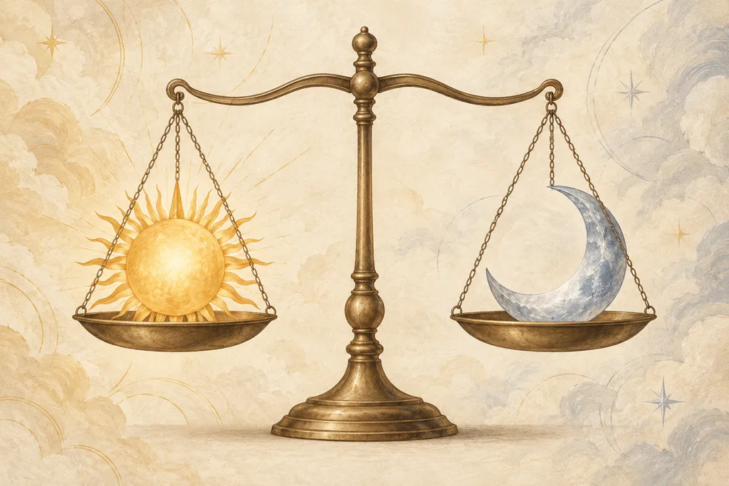 Balance stylisée avec un soleil d'un côté et une lune de l'autre, symbolisant les seuils jour et nuit.