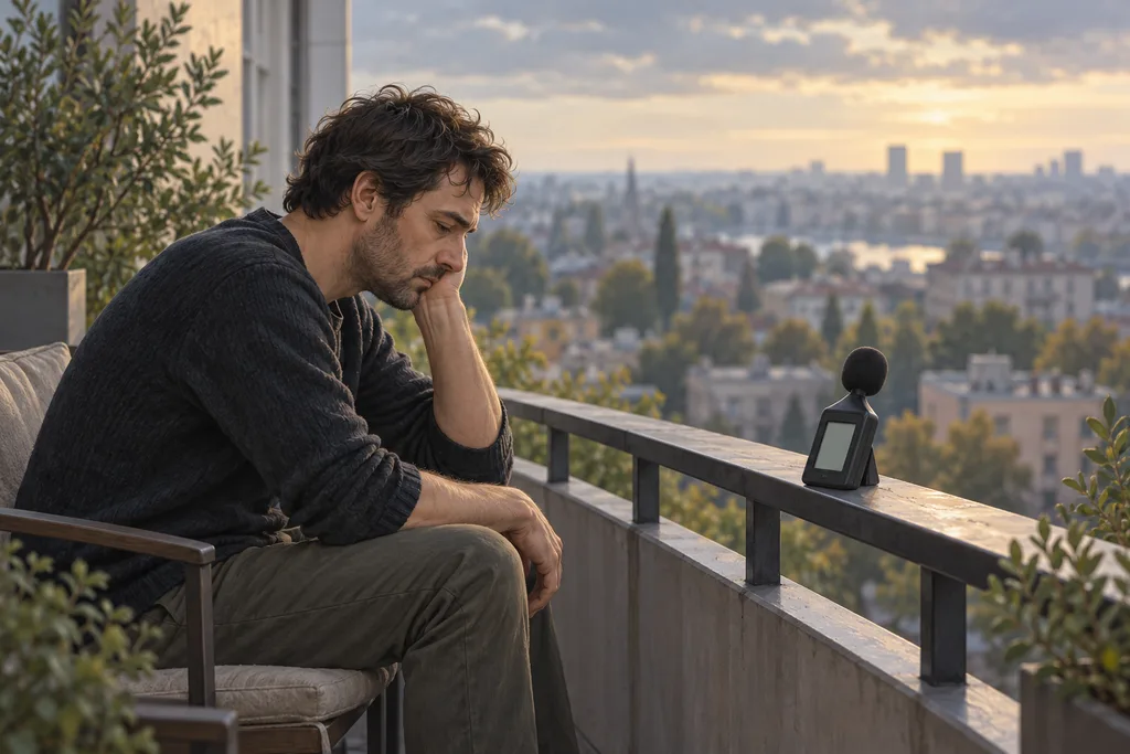 Personne assise à son balcon, l'air fatigué, tandis qu'un sonomètre posé à côté affiche un écran neutre.