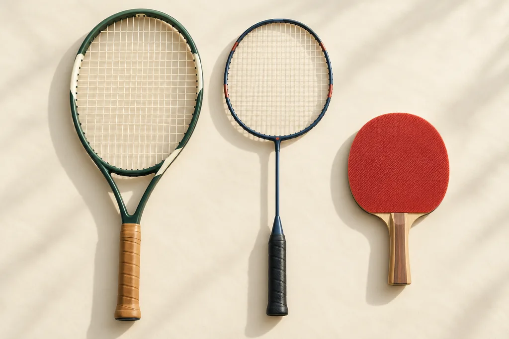 Trois raquettes différentes (tennis, padel, pickleball) alignées côte à côte sur une table neutre.