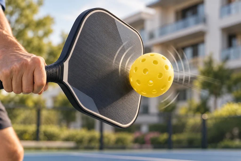 Raquette rigide frappant une balle perforée sur un terrain, avec des immeubles flous à l'arrière-plan.
