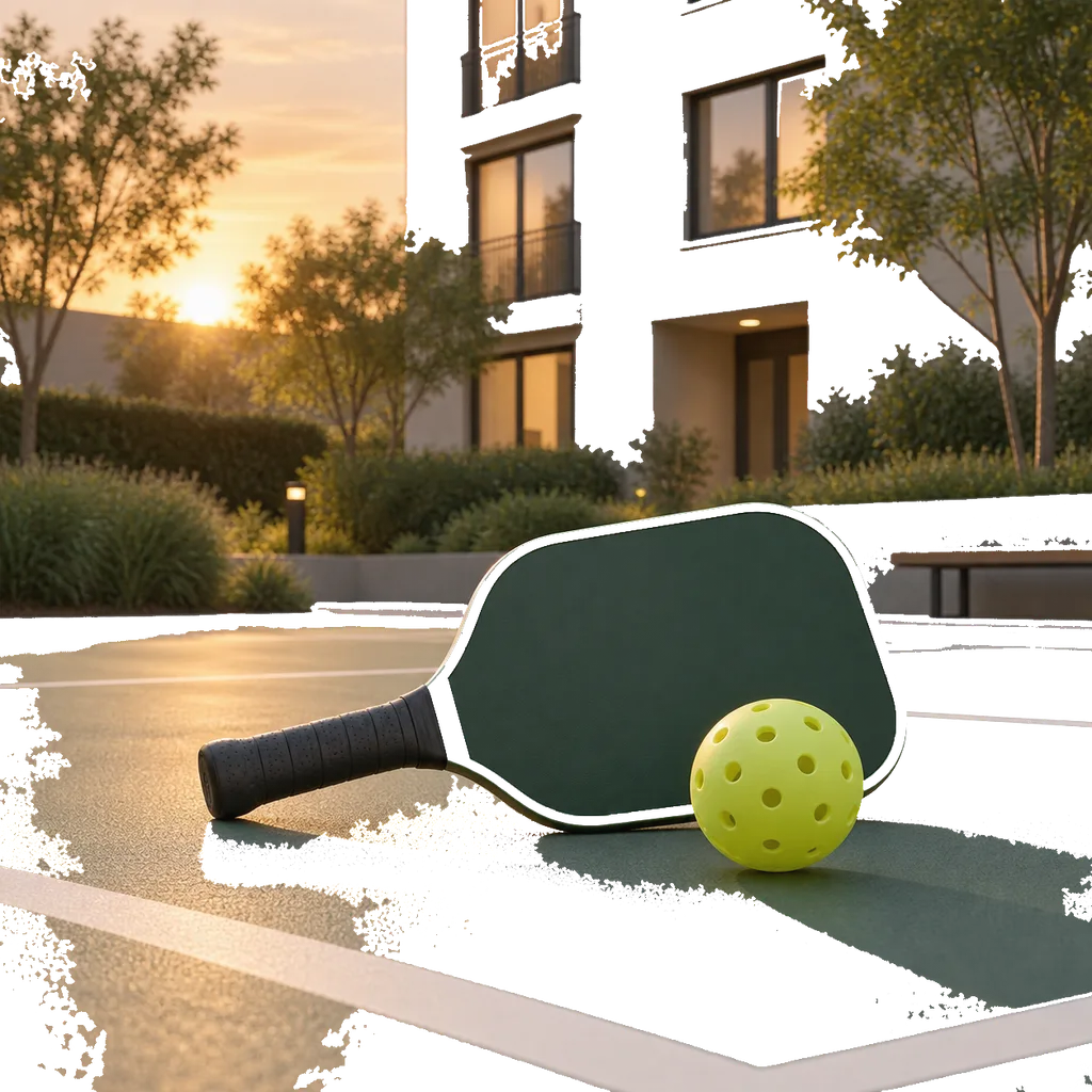 Un petit terrain de pickleball au pied d'une résidence, avec une raquette et une balle perforée au premier plan et des fenêtres d'immeuble en arrière-plan.
